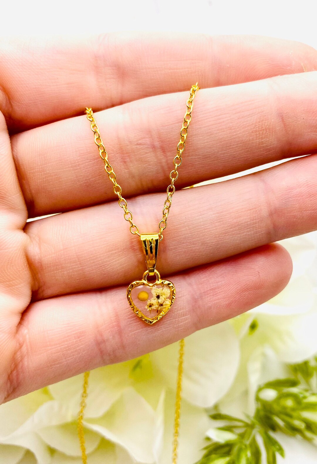 Tiny Gold Heart White Flower Mustard Seed Necklace, Mustard Seed Faith
