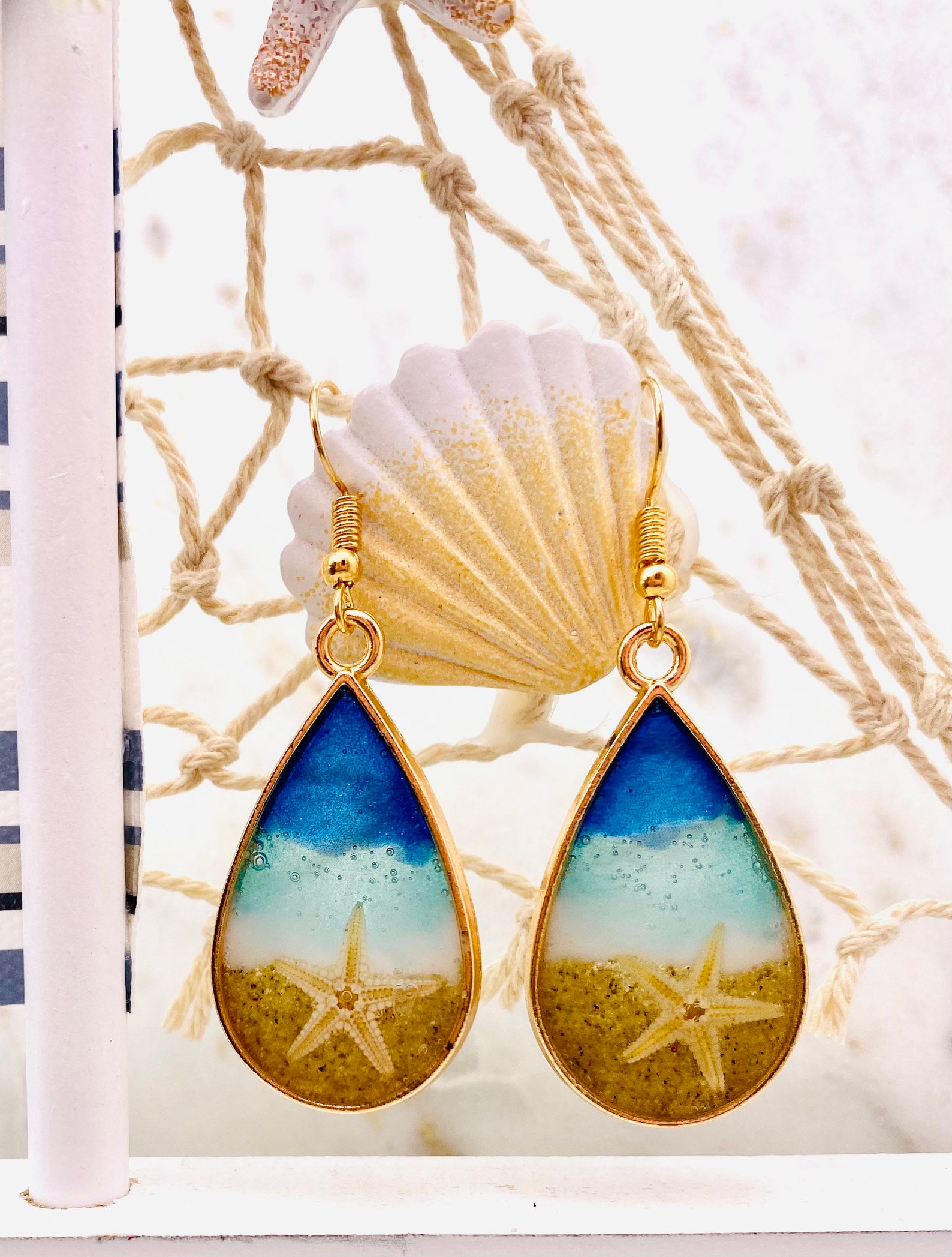 Gold Teardrop Starfish on the Stormy Beach Resin Earrings - Etsy