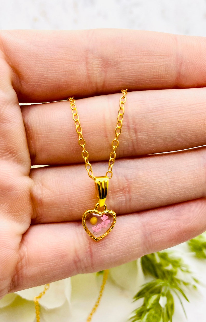 Tiny Gold Heart Pink Flower Mustard Seed Necklace Mustard Etsy