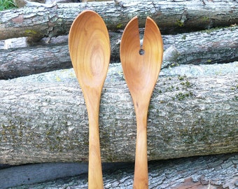 Salad cutlery made of cherry wood, wooden cutlery for salad, salad spoon and salad fork made of cherry wood, cutlery set made of cherry wood