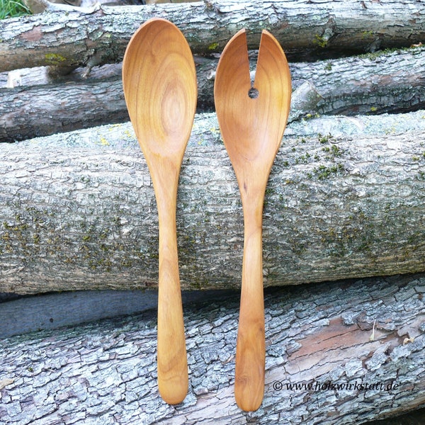 Salad cutlery made of cherry wood, wooden cutlery for salad, salad spoon and salad fork made of cherry wood, cutlery set made of cherry wood