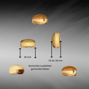 May include: Four wooden knobs with a natural wood grain finish. The knobs are round and have a diameter of 28 mm. The height of the knobs varies from 15 to 18 mm. The knobs are made from mixed hardwoods.