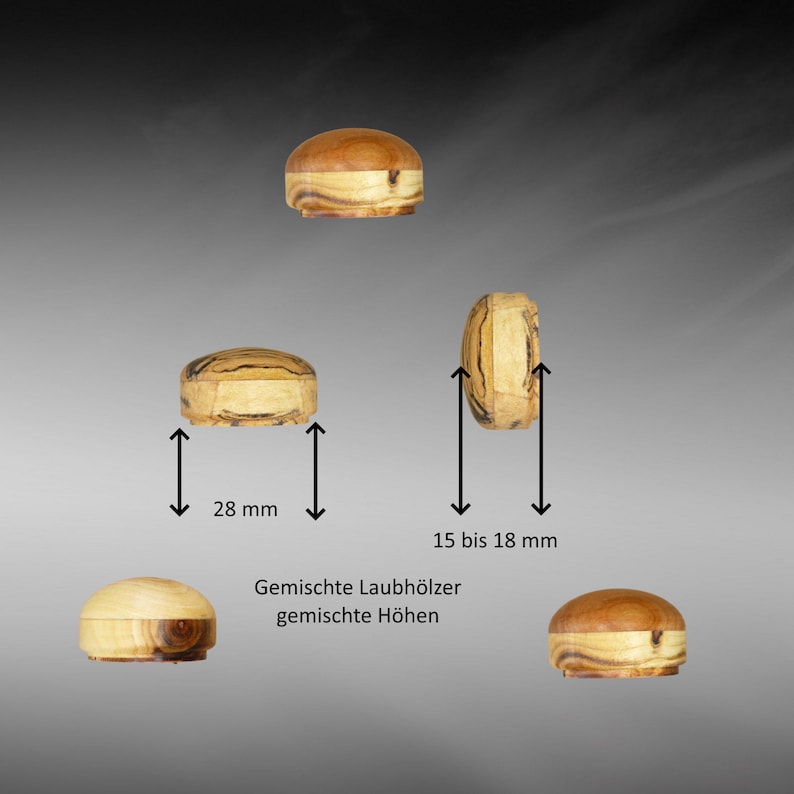 May include: Four wooden knobs with a natural wood grain finish. The knobs are round and have a diameter of 28 mm. The height of the knobs varies from 15 to 18 mm. The knobs are made from mixed hardwoods.
