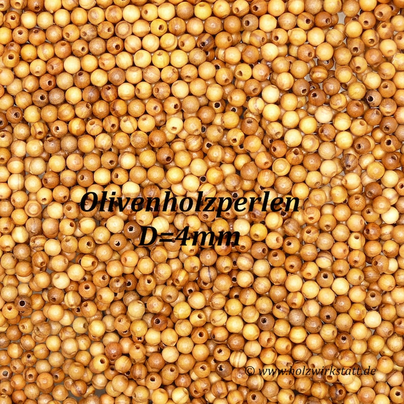 May include: A close-up image of a large quantity of small, round, natural wood beads. The beads are a light brown color and have a smooth, polished finish. The beads are all approximately 4mm in diameter. The text "Olivenholzperlen D=4mm" is visible in the image.