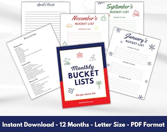 Monthly Bucket List | Journal Pages | 12 Printable Bucket List Templates | Life Lists | Family Activity Planner | Monthly To Do List