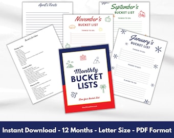 Maandelijkse bucketlist | Journaalpagina's | 12 afdrukbare bucketlist-sjablonen | Levenslijsten | Familie-activiteitenplanner | Maandelijkse takenlijst