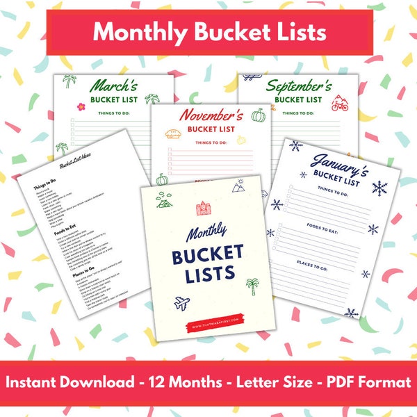 Monthly Bucket Lists | Instant Download | 12 Printable Bucket List Templates