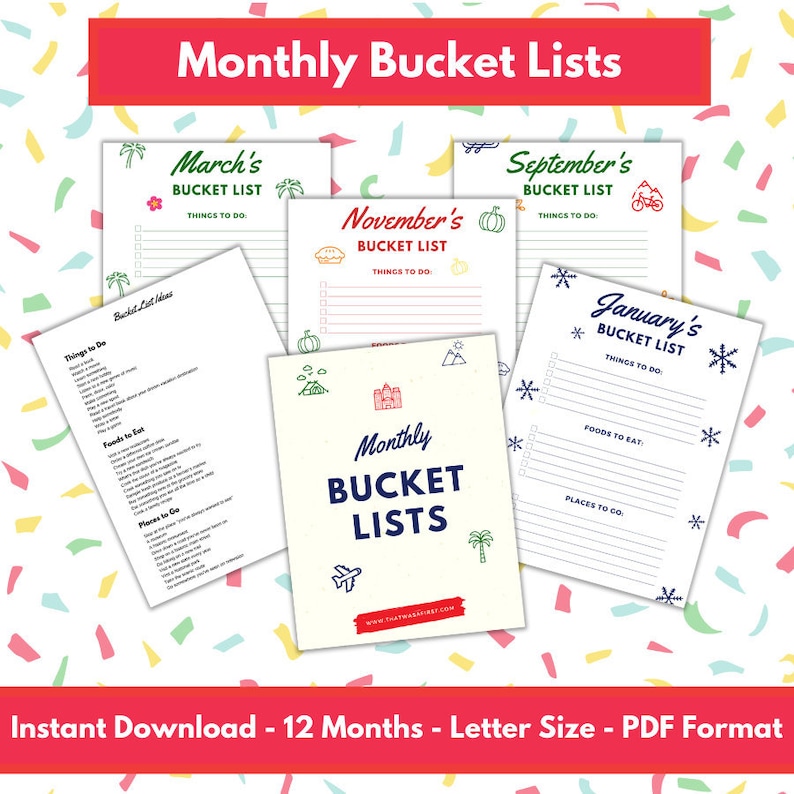 Monthly Bucket Lists  Instant Download  12 Printable Bucket image 1