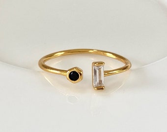 Baguette délicate et bague ouverte CZ ronde, petite bague CZ blanche noire, bague de pierre précieuse ouverte, bague réglable, petite bague de manchette en cristal, bague empilable