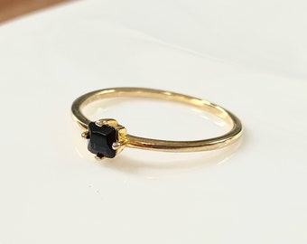 Small Black Stone Ring, Black Crystal Ring, Mini Black CZ Ring, Black Diamond Ring, Black Square Gemstone, Stacking Ring, Gold Vermeil Ring