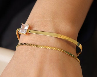 Double Chain CZ Bracelet, Gold Vermeil Bracelet, Single Diamond Bracelet, Crystal Baguette Bracelet, Double Layered Bracelet, Gift For Her