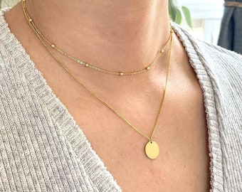 Gold Disk Necklace, Double Chain Layer, Gold Vermeil Necklace, Gold Coin Necklace, Multi Layer Necklace, Bead Chain, Necklace for Women