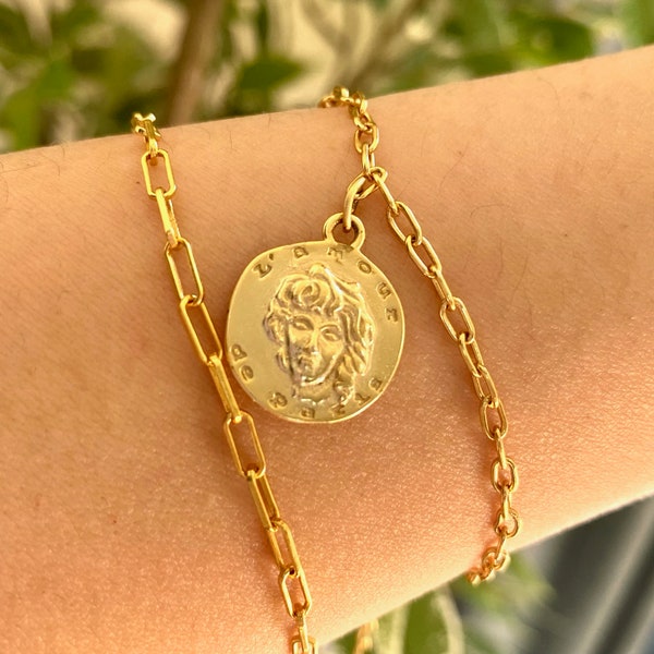 Gold Coin Bracelet, 18K Gold Vermeil Bracelet, Gold Medallion Bracelet For Women, Roman Coin Bracelet, Greek Coin, Stackable Bracelet