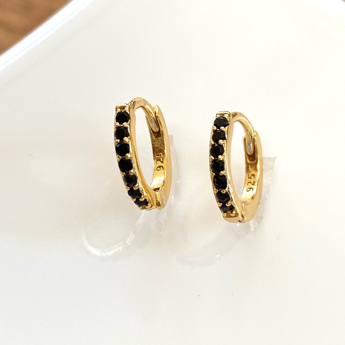 Black Crystal Earrings Black CZ Huggie Hoop Earrings Black Etsy