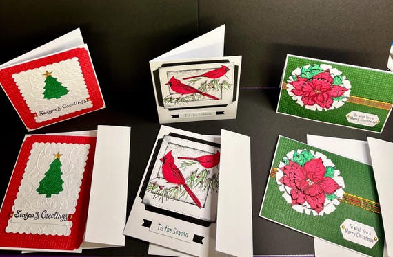 Handmade Christmas cards, set of 6, A2 size, Poinsettia, Cardinal, Christmas Tree.