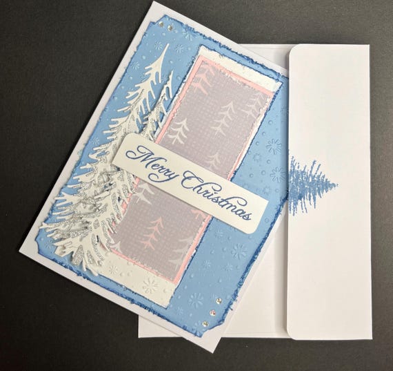 Handmade Christmas card, A2 size, Merry Christmas, Sparkling Pine and blue