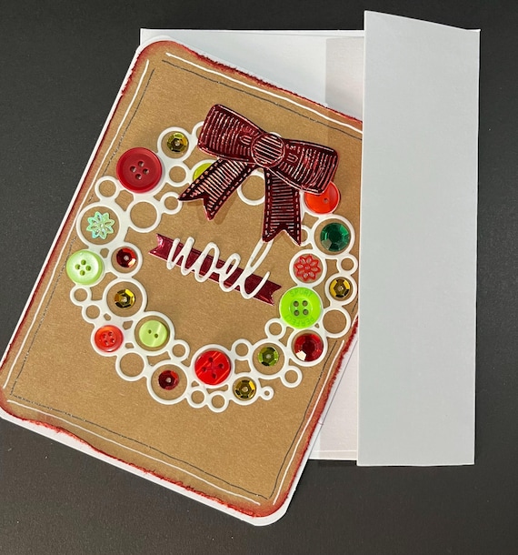 Noel, Christmas card, button wreath
