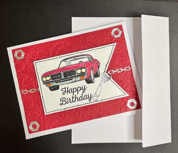 Happy Birthday card, A2 size, red muscle car and gears