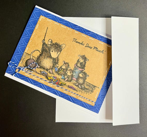 Handmade Thank You card, A2 size, Thanks Sew Much, blue and brown
