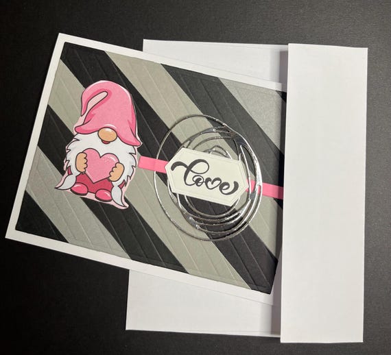 Love card, A2 size, pink gnome with a heart