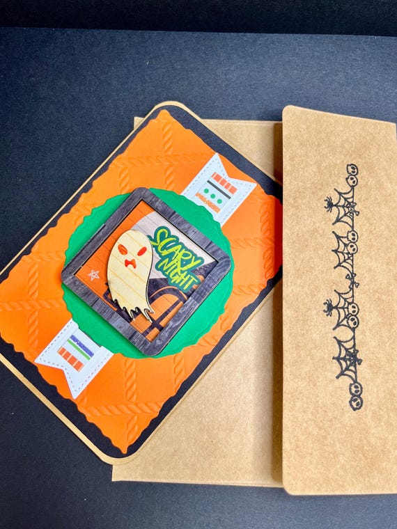 Handmade Halloween card, orange and black, wooden sentiment with a Ghost and Scary Night