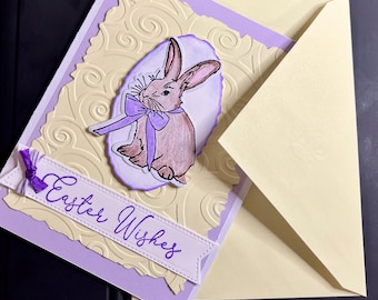 Easter Wishes card,A2 size,Easter rabbit with bow, yellow and purple