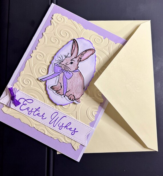 Easter Wishes card,A2 size,Easter rabbit with bow, yellow and purple