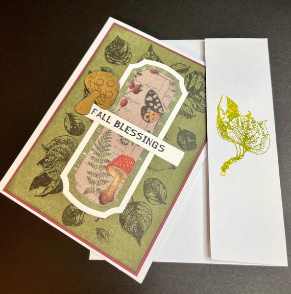 Handmade Thanksgiving/Autumn card, A2 size, Fall Blessings, Earthy Green and Wooden Mushroom