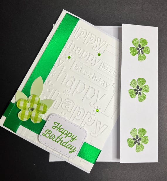 Happy Birthday card, A2 size, green plaid flower and ribbon