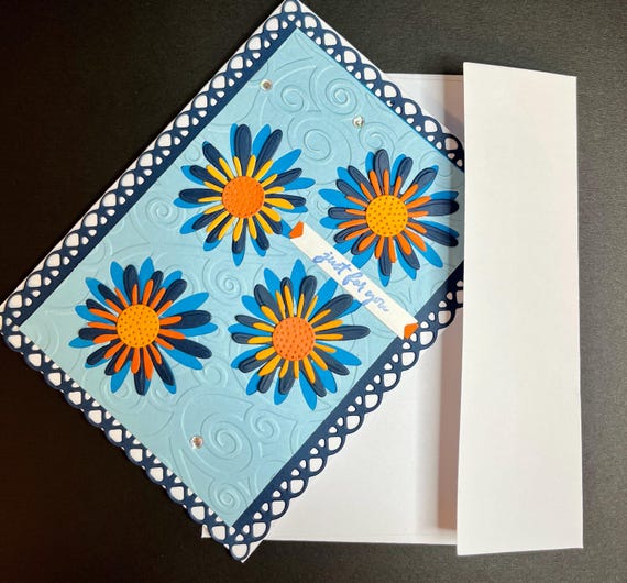 Handmade card, A2 size, just for you, orange and blue daisies
