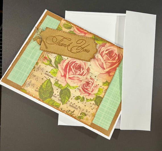 Thank You card, A2 size, roses and musical notes