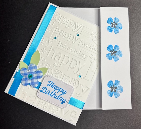 Happy Birthday card, A2 size, blue plaid flower and ribbon