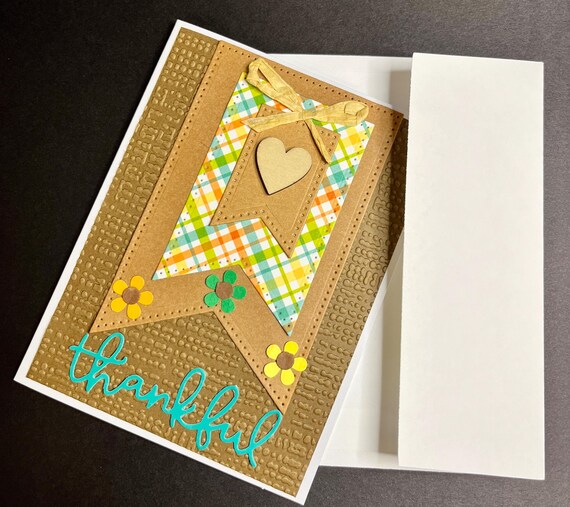 Handmade Thanksgiving card, A2 size, thankful, fall plaid, and wooden heart