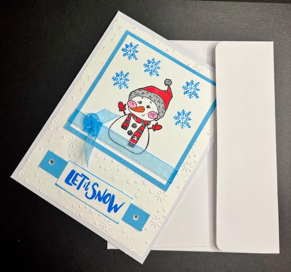 Handmade Christmas card, A2 size, Let it Snow, cute snowman and snowflakes