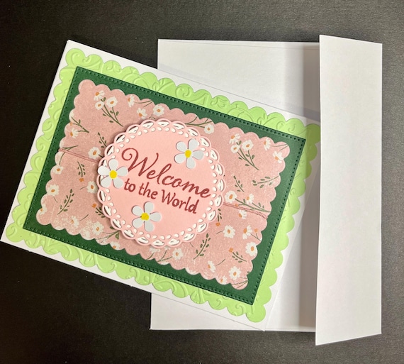 Welcome to the World, A2 size, baby card, pink and green with floral