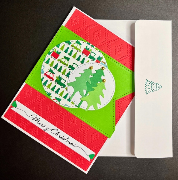 Handmade Christmas card, A2 size, Merry Christmas, coming to town, green and red