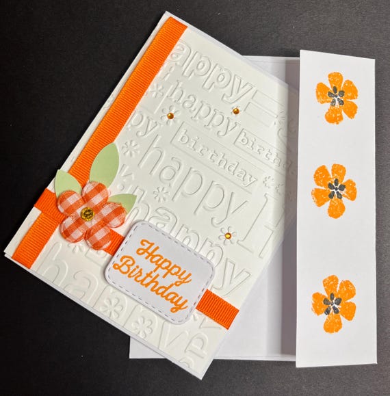 Happy Birthday card, A2 size, orange plaid flower and ribbon