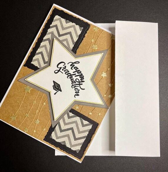 happy graduation card, A2 size, golden stars and brown
