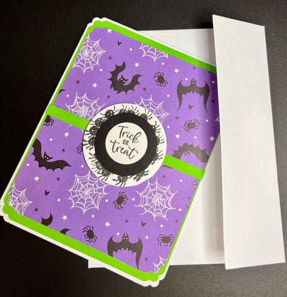 Handmade Halloween card. A2 size,  Trick or  Treat, purple and green