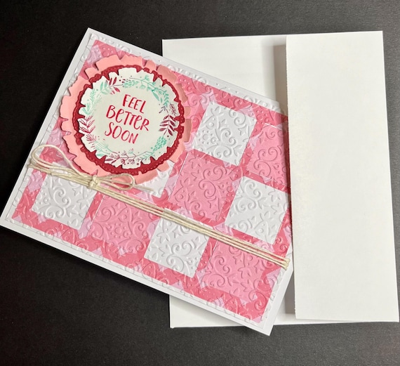 Feel Better Soon, A2 size, pink and white quilt card