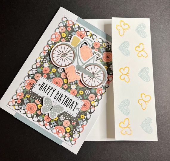 Happy Birthday card, A2 size, floral and bicycle.