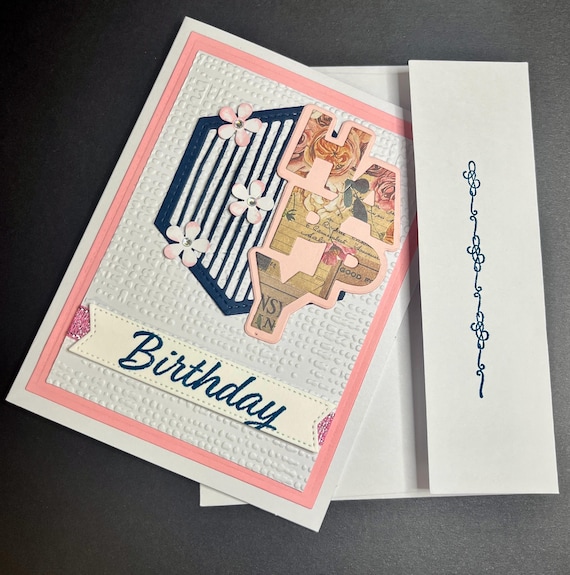 Happy Birthday card, A2 size, pink, blue and flowers