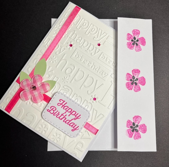 Happy Birthday card, A2 size, pink plaid flower and ribbon