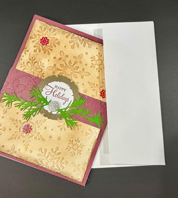 Happy Holidays, rustic brown and Christmas greenery