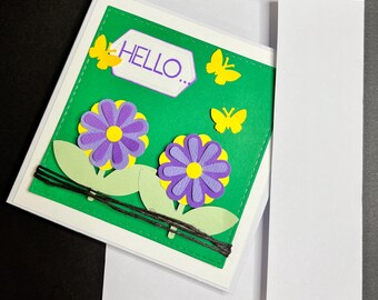Hello card, dimensional flowers,purple and yellow