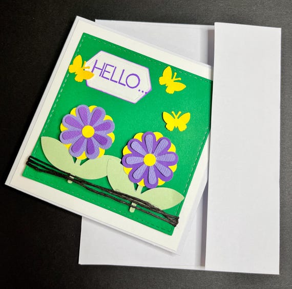Hello card, dimensional flowers,purple and yellow