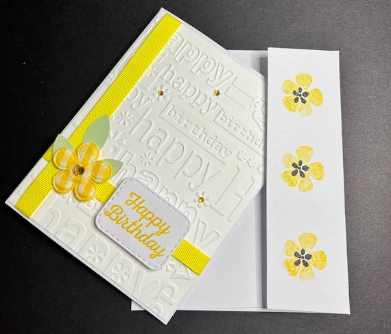 Happy Birthday card, A2 size, yellow plaid flower and ribbon