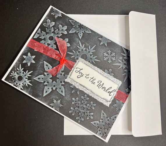 Handmade Christmas card, A2 size, Joy to the Wolrd, black and white snowflakes