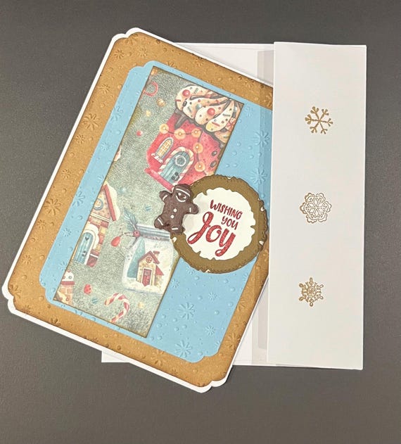 Wishing You Joy Christmas card, gingerbread man and house