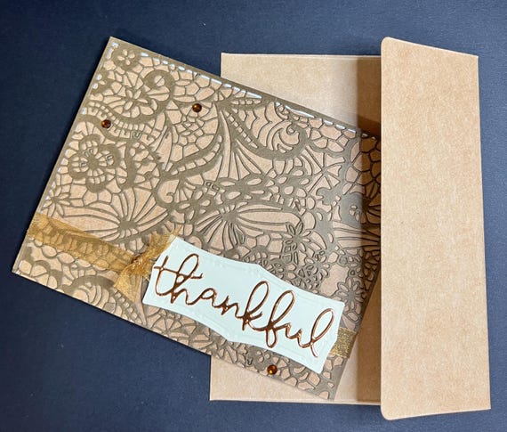 Handmade Thanksgiving card, A2 size, Thankful, brown and gold